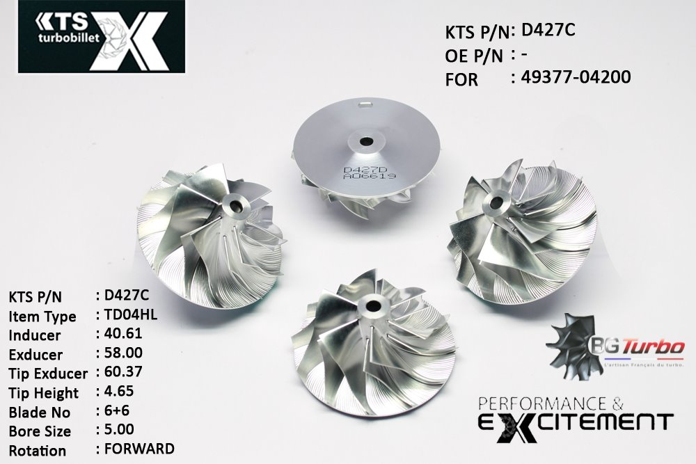 Turbo ROUE FORGÉE MFS PERFORMANCE - 6+6 PALES - INDUCER : 40,61 - EXDUCER : 56,02 - TYPE : TD04HLANGLE : 50° - ROTATION : Forward - SUPER BACK : 1,83 - BORE SIZE : 5
